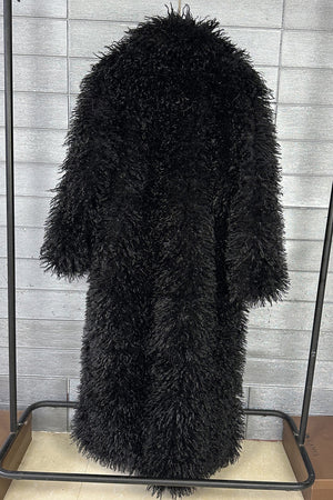 mongolian faux fur coat long shaggy overcoat for women in black back view Alicefurs
