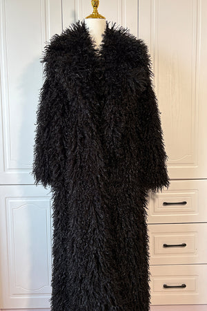 mongolian faux fur coat long shaggy overcoat for women in black front view worn by mannequin Alicefurs