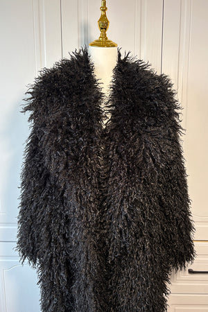 mongolian faux fur coat long shaggy overcoat for women in black front view close up Alicefurs