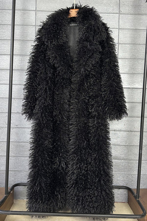 mongolian faux fur coat long shaggy overcoat for women in black front view Alicefurs