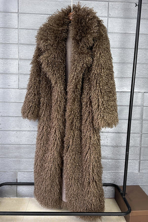 mongolian faux fur coat long shaggy overcoat for women in chocolate brown side view Alicefurs