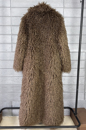 mongolian faux fur coat long shaggy overcoat for women in chocolate brown back view Alicefurs