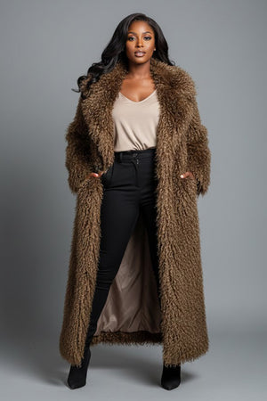 mongolian faux fur coat long shaggy overcoat for women in chocolate brown Alicefurs