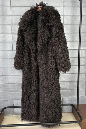 mongolian faux fur coat long shaggy overcoat for women in taupe side view Alicefurs