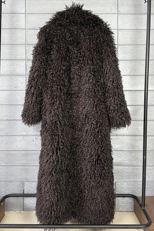 mongolian faux fur coat long shaggy overcoat for women in taupe back view Alicefurs