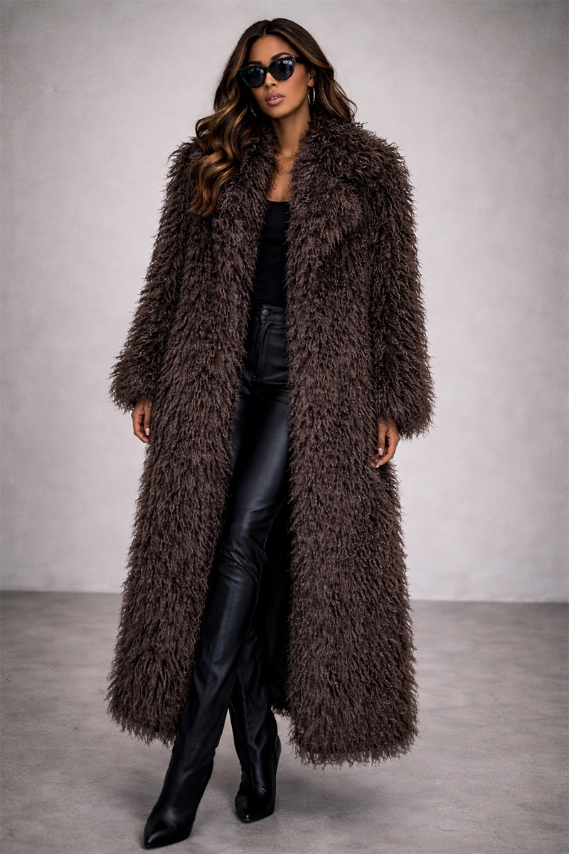 mongolian faux fur coat long shaggy overcoat for women in taupe worn by model Alicefurs