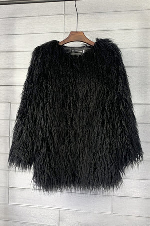 mongolian faux fur coat mid length shaggy jacket for women in black Alicefurs