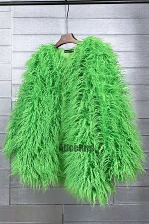 mongolian faux fur coat mid length shaggy jacket for women in lime green 1 Alicefurs