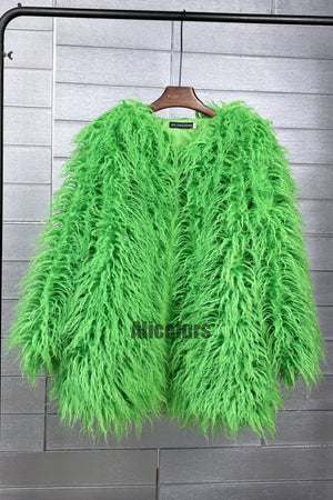 mongolian faux fur coat mid length shaggy jacket for women in lime green Alicefurs