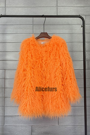 mongolian faux fur coat mid length shaggy jacket for women in orange Alicefurs