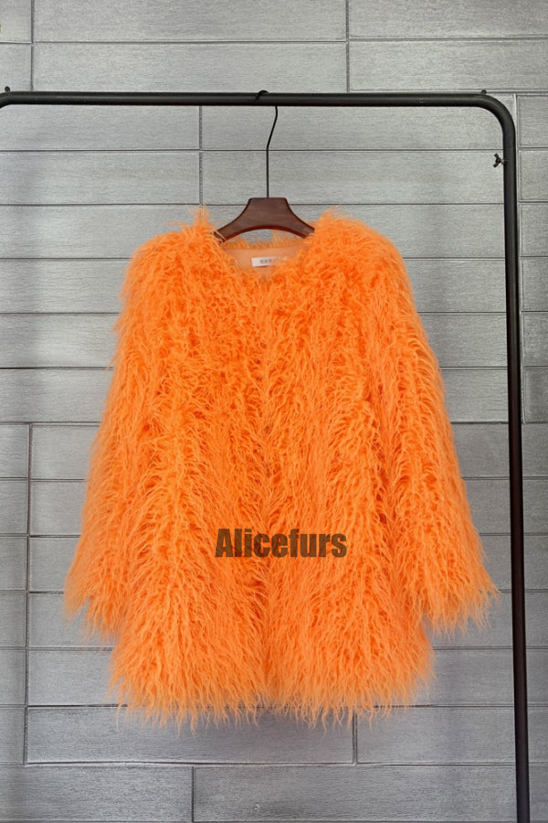Mongolian Faux Fur Coat Mid Length Shaggy Jacket for Women
