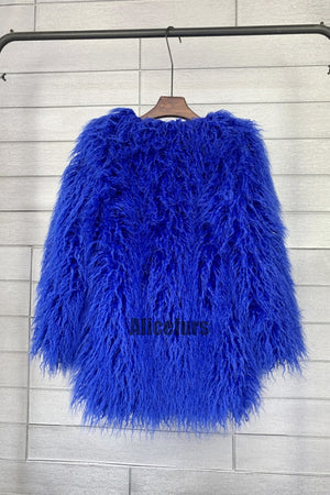 mongolian faux fur coat mid length shaggy jacket for women in royal blue 1 Alicefurs