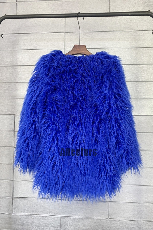 Mongolian Faux Fur Coat Mid Length Shaggy Jacket for Women