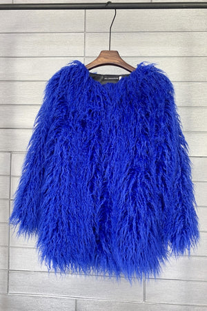 mongolian faux fur coat mid length shaggy jacket for women in royal blue Alicefurs