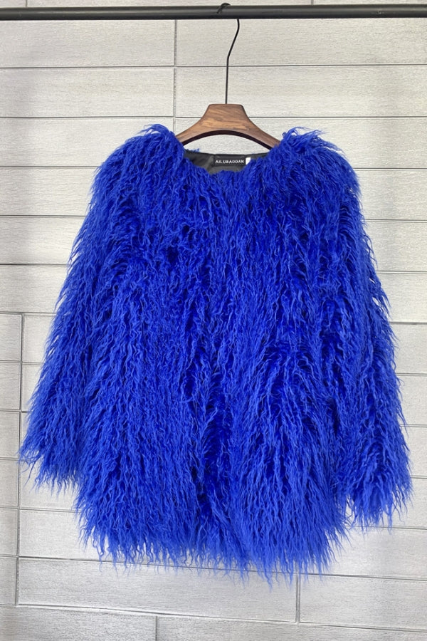 Mongolian Faux Fur Coat Mid Length Shaggy Jacket for Women