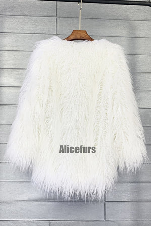 mongolian faux fur coat mid length shaggy jacket for women in white 1 Alicefurs