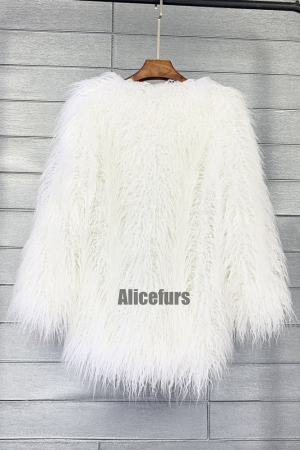 Mongolian Faux Fur Coat Mid Length Shaggy Jacket for Women