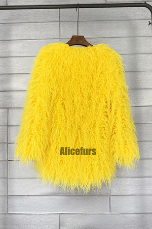 mongolian faux fur coat mid length shaggy jacket for women in yellow 1 Alicefurs