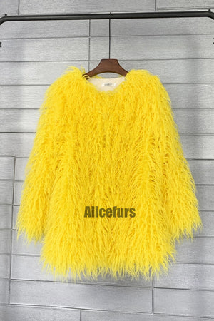 mongolian faux fur coat mid length shaggy jacket for women in yellow Alicefurs