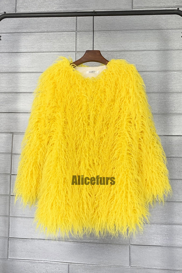 Mongolian Faux Fur Coat Mid Length Shaggy Jacket for Women