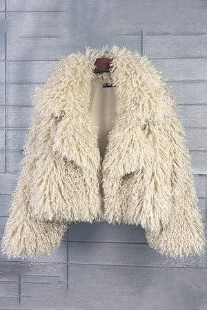 mongolian faux fur jacket cropped shaggy outerwear for women in beige Alicefurs