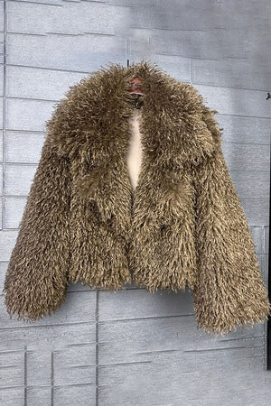 mongolian faux fur jacket cropped shaggy outerwear for women in chocolate brown Alicefurs