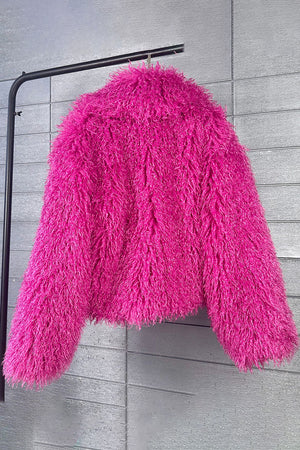 mongolian faux fur jacket cropped shaggy outerwear for women in fuchsia 4 Alicefurs