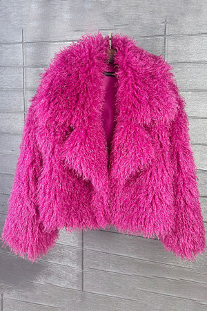 mongolian faux fur jacket cropped shaggy outerwear for women in fuchsia Alicefurs