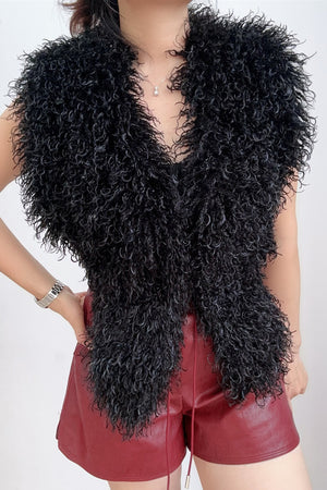 mongolian faux fur top in halter deep v neck for women in black 5 Alicefurs