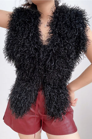 mongolian faux fur top in halter deep v neck for women in black 6 Alicefurs