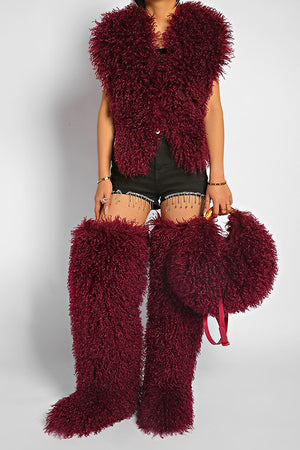 mongolian faux fur top in halter deep v neck for women in burgundy Alicefurs