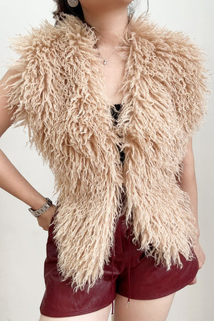 mongolian faux fur top in halter deep v neck for women in tan 5 Alicefurs