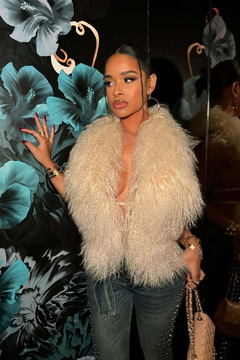Mongolian Faux Fur Top in Halter Deep V-Neck for women