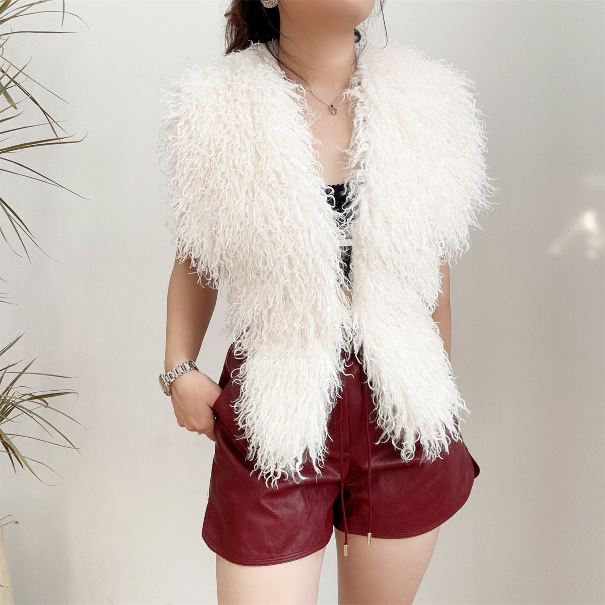 Mongolian Faux Fur Top in Halter Deep V-Neck for women