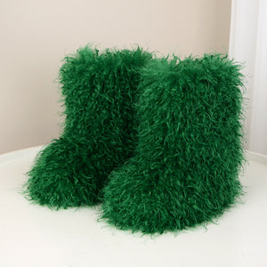 mongolian fur boots shaggy mid calf furry boots for women in green Alicefurs