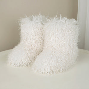 mongolian fur boots shaggy mid calf furry boots for women in white 1 Alicefurs