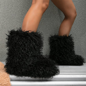 mongolian fur boots winter curly fluffy booties for women in black 2 Alicefurs