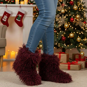 mongolian fur boots winter curly fluffy booties for women in burgundy 1 Alicefurs