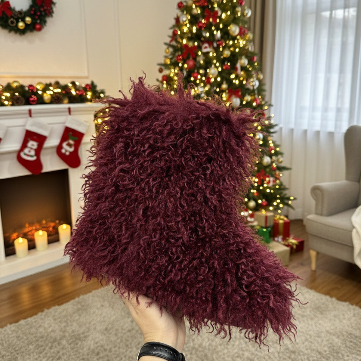 Mongolian Fur Boots Shaggy Mid Calf Furry Boots for Women