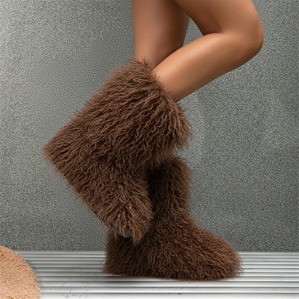 mongolian fur boots winter curly fluffy booties for women in dark coffee 1 Alicefurs