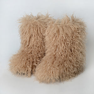 mongolian fur boots winter curly fluffy booties for women in khaki Alicefurs