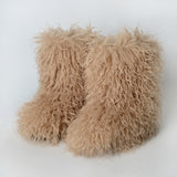 Mongolian Fur Boots Winter Curly Fluffy Booties for Women