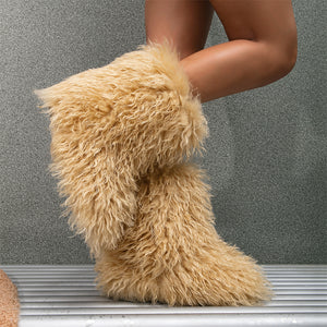 mongolian fur boots winter curly fluffy booties for women in tan Alicefurs