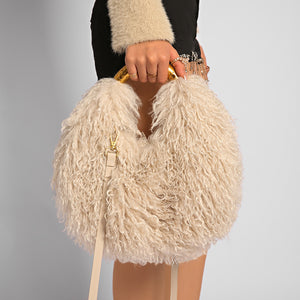 mongolian fur handbag luxury shaggy purse for women in beige 1 Alicefurs