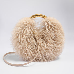 mongolian fur handbag luxury shaggy purse for women in beige Alicefurs