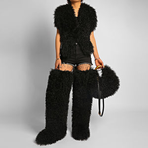 mongolian fur handbag luxury shaggy purse for women in black 2 Alicefurs