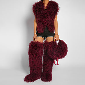 mongolian fur handbag luxury shaggy purse for women in burgundy 2 Alicefurs