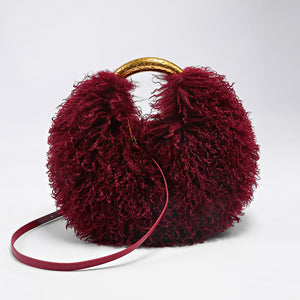 mongolian fur handbag luxury shaggy purse for women in burgundy Alicefurs