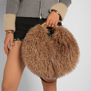 mongolian fur handbag luxury shaggy purse for women in coffee brown 1 Alicefurs