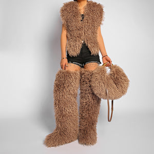 mongolian fur handbag luxury shaggy purse for women in coffee brown 2 Alicefurs